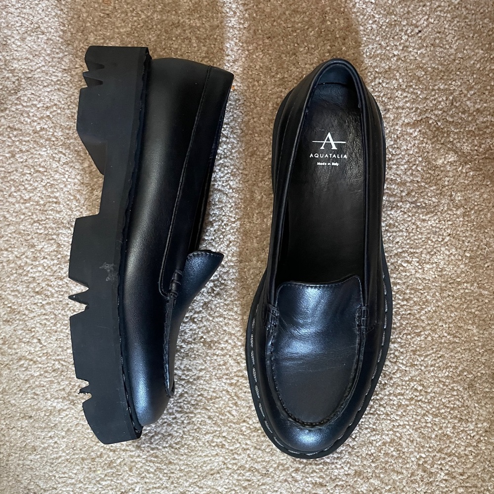 Aquatalia Hayley Black Calf Lug Platform Loafers 8.5